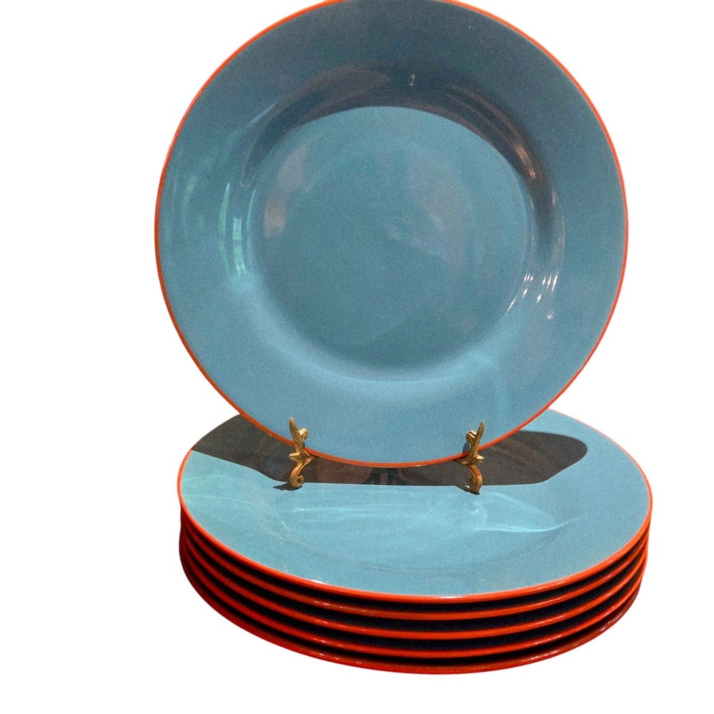 Baum Tangier Dinner Plates 10.75" Set of 6 Turquoise Blue Orange Rim Modern XLNT - Picture 2 of 4